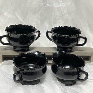 Vintage L.E. Smith Black Amethyst Glass Open Sugar Bowl Creamer double set 4pces